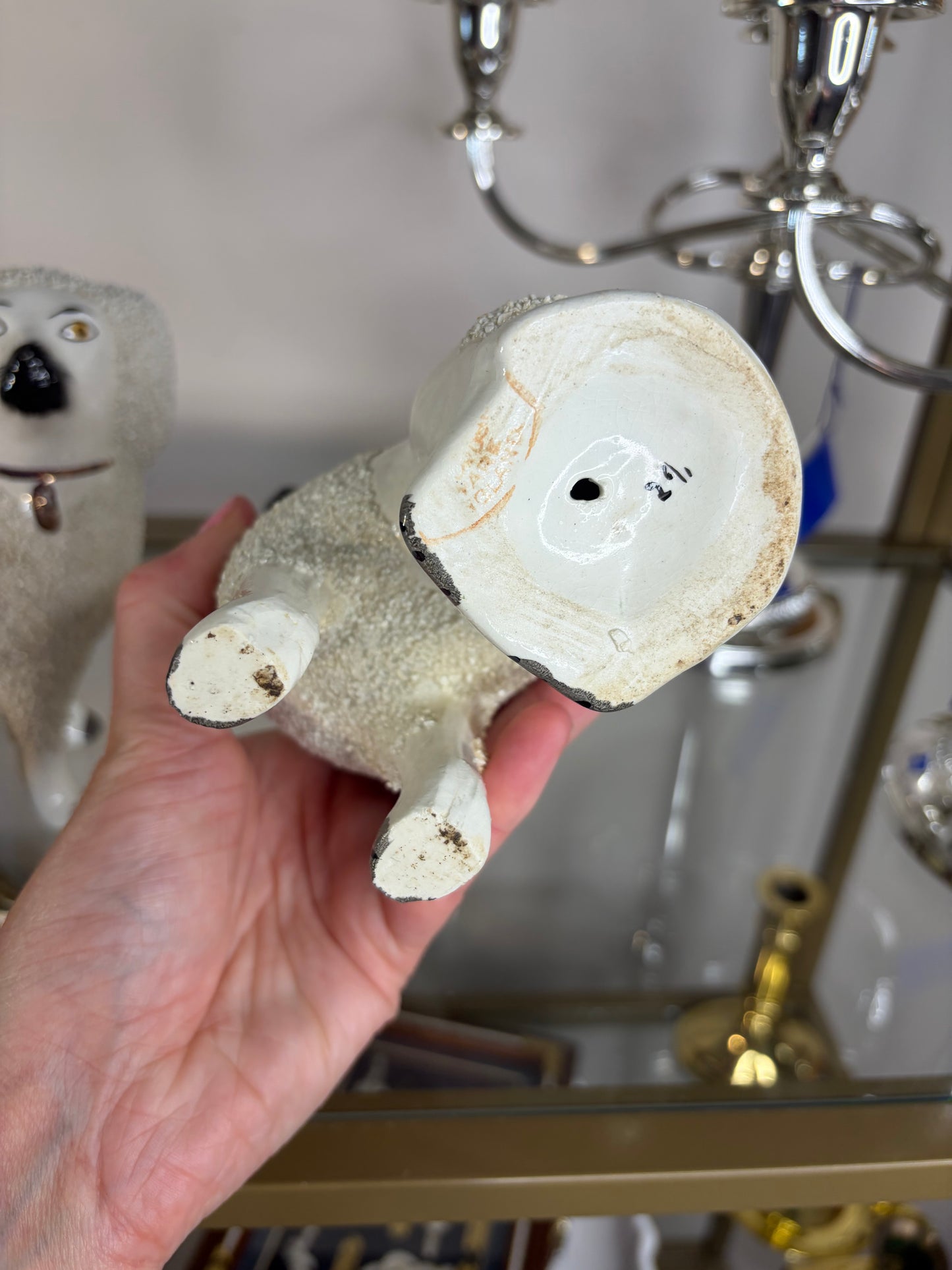 Antique Staffordshire Confetti Poodles with Separated Legs, Pair, 6.5” Tall, 19th Century