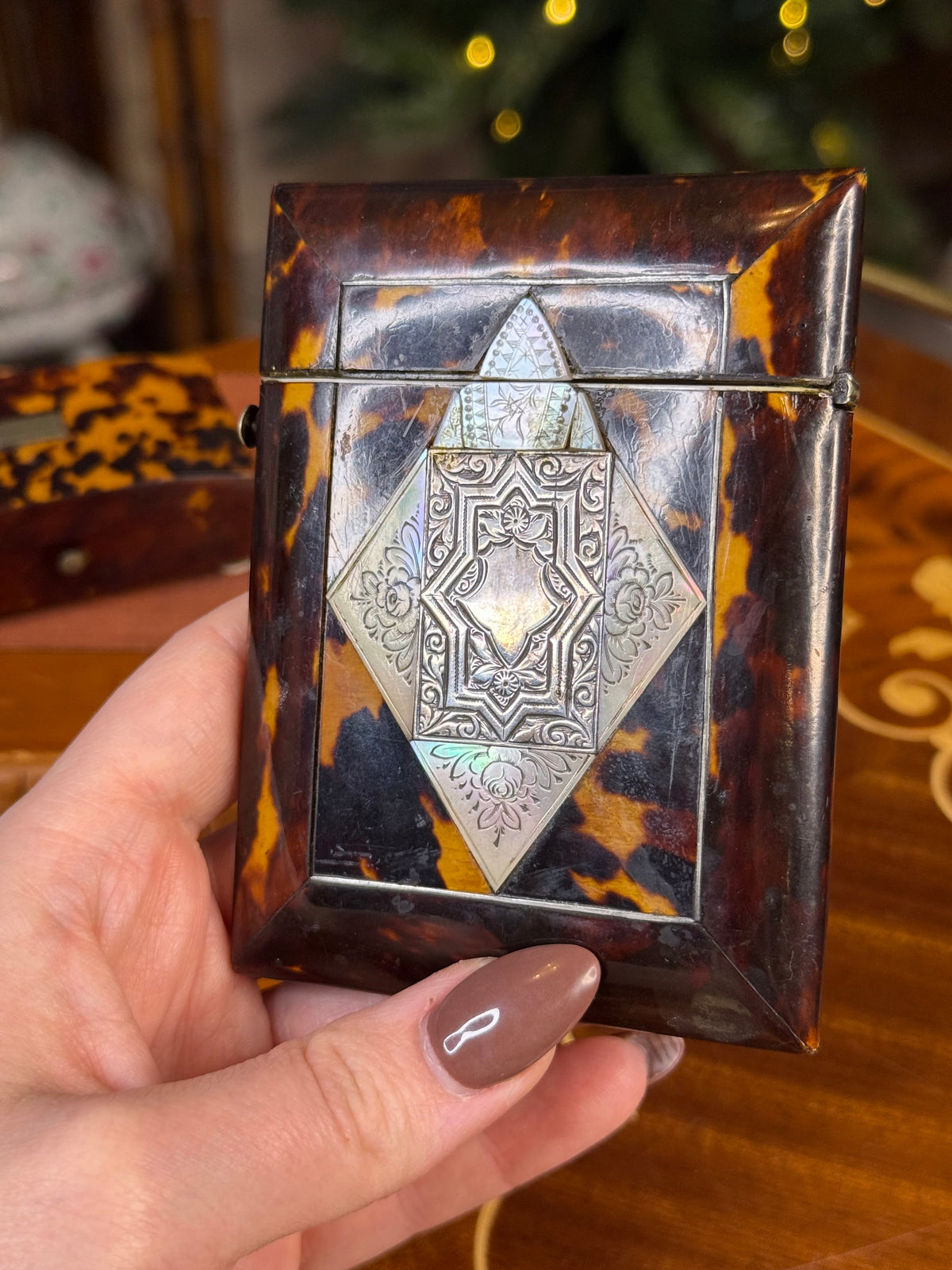 Antique Tortoiseshell Calling Card Case | Mother-of-Pearl & Sterling Silver Cartouche | 4”