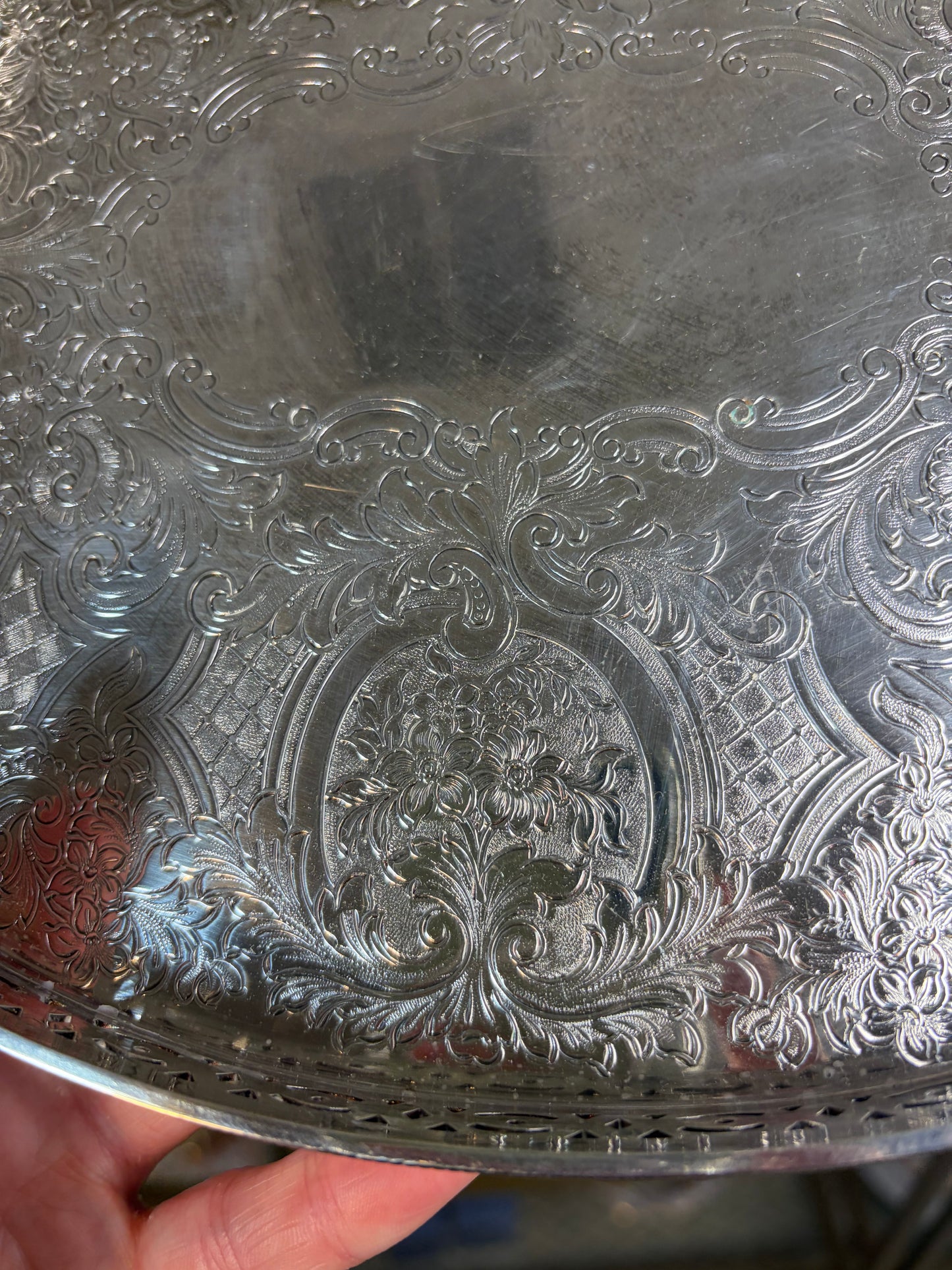 RESERVED - LEXABLUE - Lovely Barker Ellis silverplated tray with pierced edges and floral and shell designs!