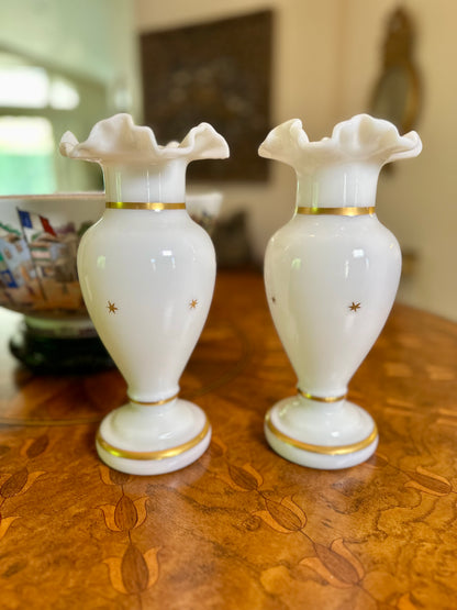Pair of Antique French Opaline Glass Vases with Gilt Laurel Wreath Decoration, c.1880