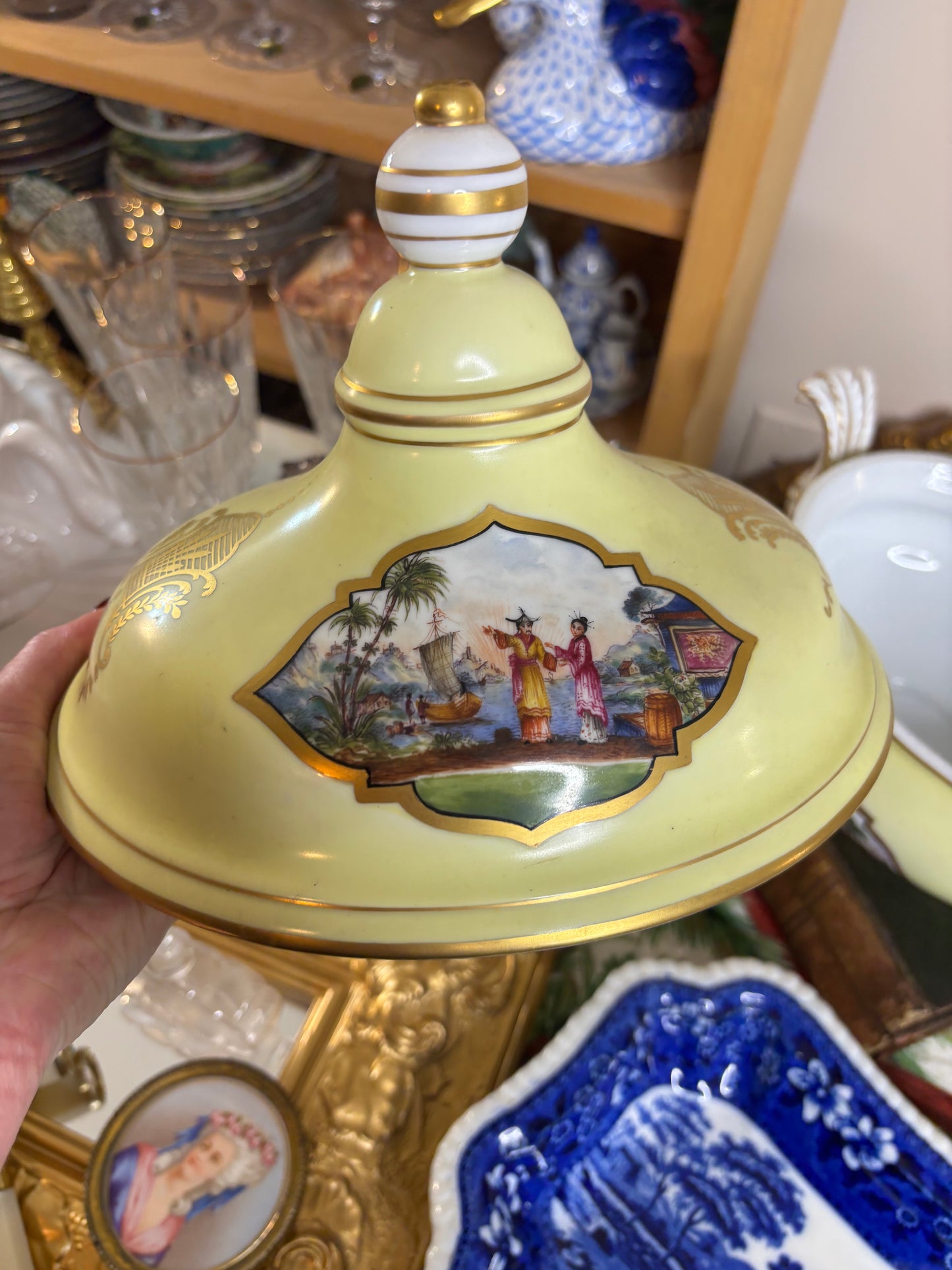 Stunning Dresden lidded tureen with vivid scenes, gold detailing, and lovely handles!