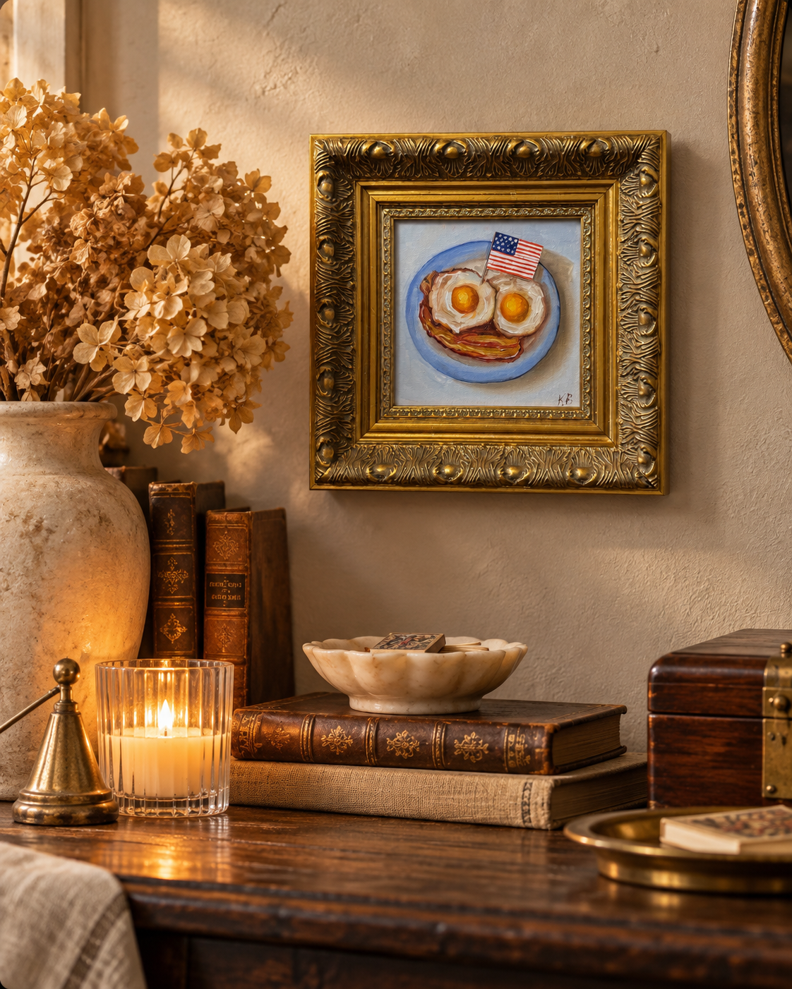 Original American Breakfast Oil Painting – Bacon and Eggs with USA Flag in Vintage Gold Frame