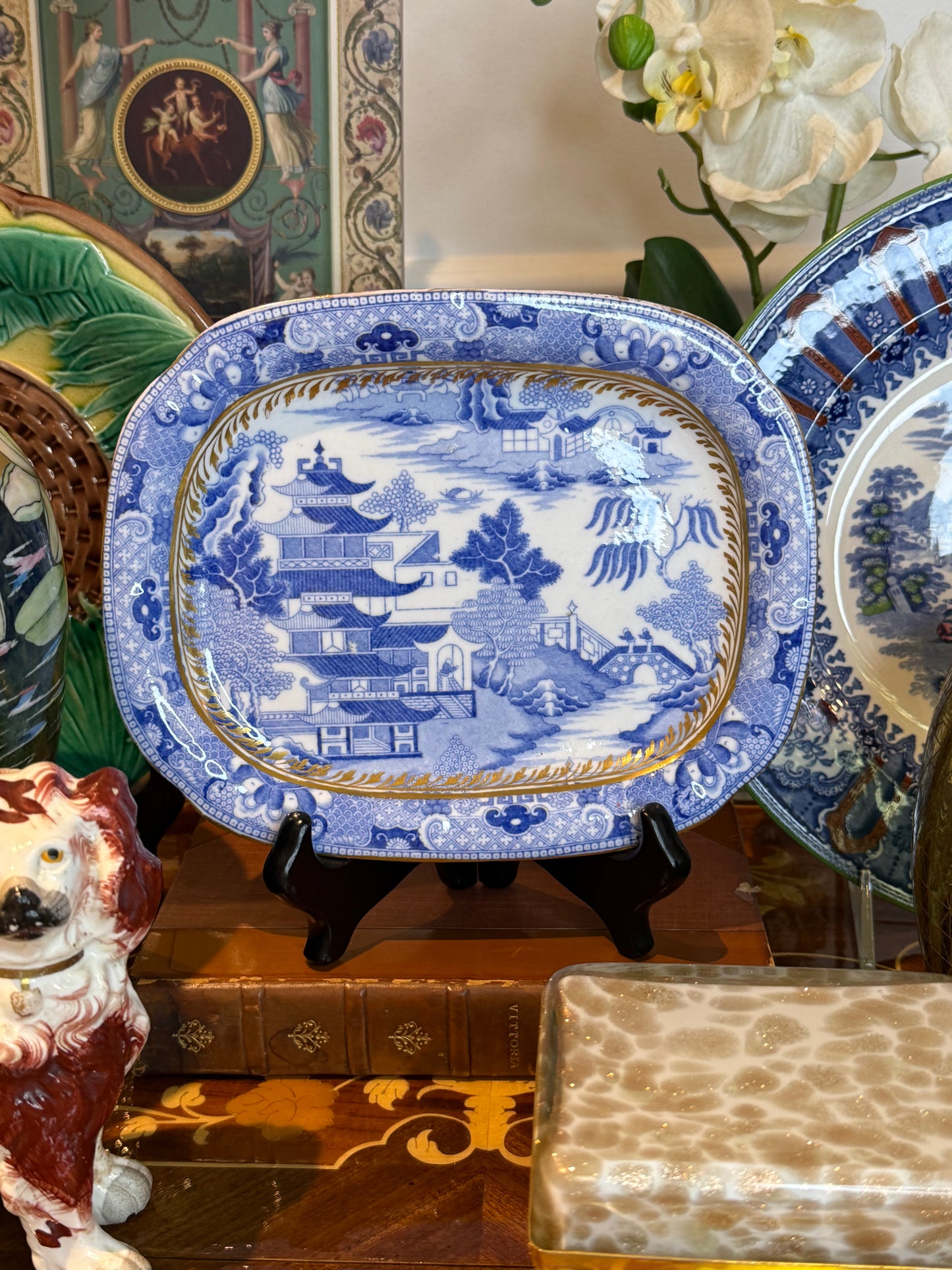 Rare Miles Mason Broseley Willow Pattern Porcelain Platter c.1805 Blue & White W/ Gilt Border 8” x 6.5”