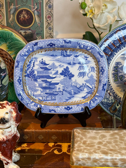 Rare Miles Mason Broseley Willow Pattern Porcelain Platter c.1805 Blue & White W/ Gilt Border 8” x 6.5”
