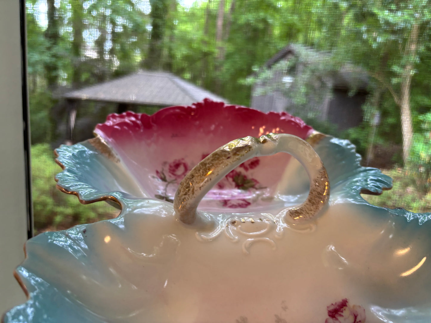Beautiful decorative pink and blue floral dish with handle!