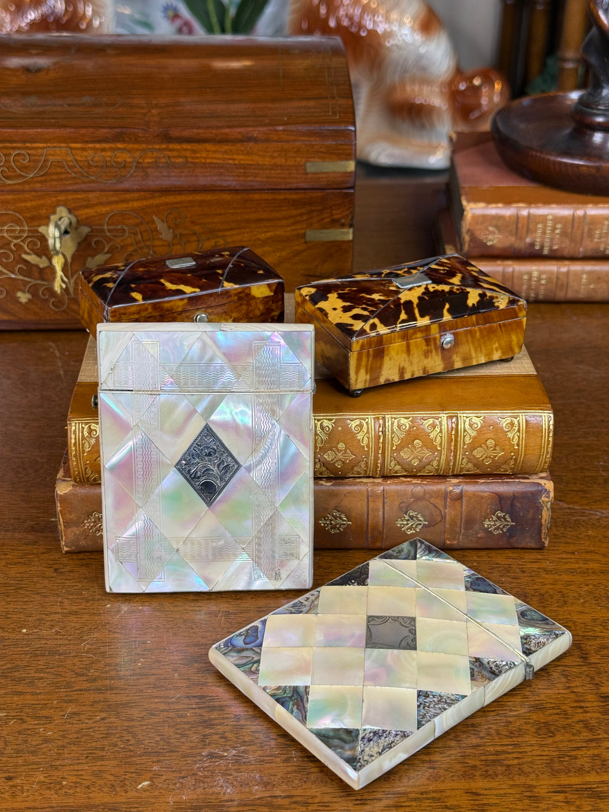 Antique Victorian Mother of Pearl Calling Card Case with Engraved Silver Floral Cartouche, Original Blue Interior, c. 1860–1880 – 4”