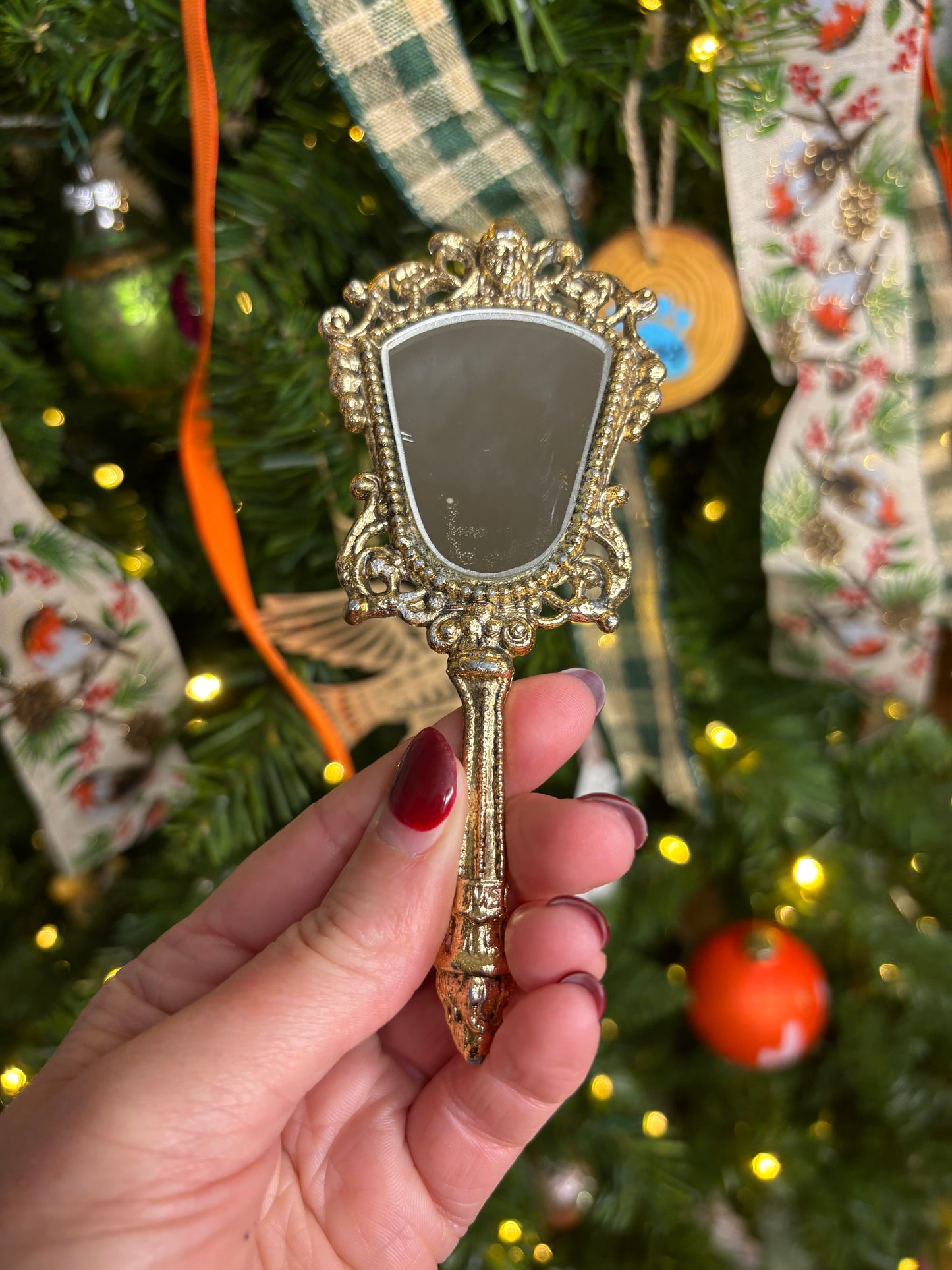 Antique ornate ormolu mini handheld mirror!