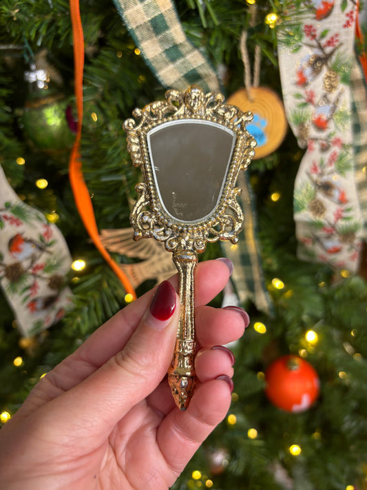 Antique ornate ormolu mini handheld mirror!
