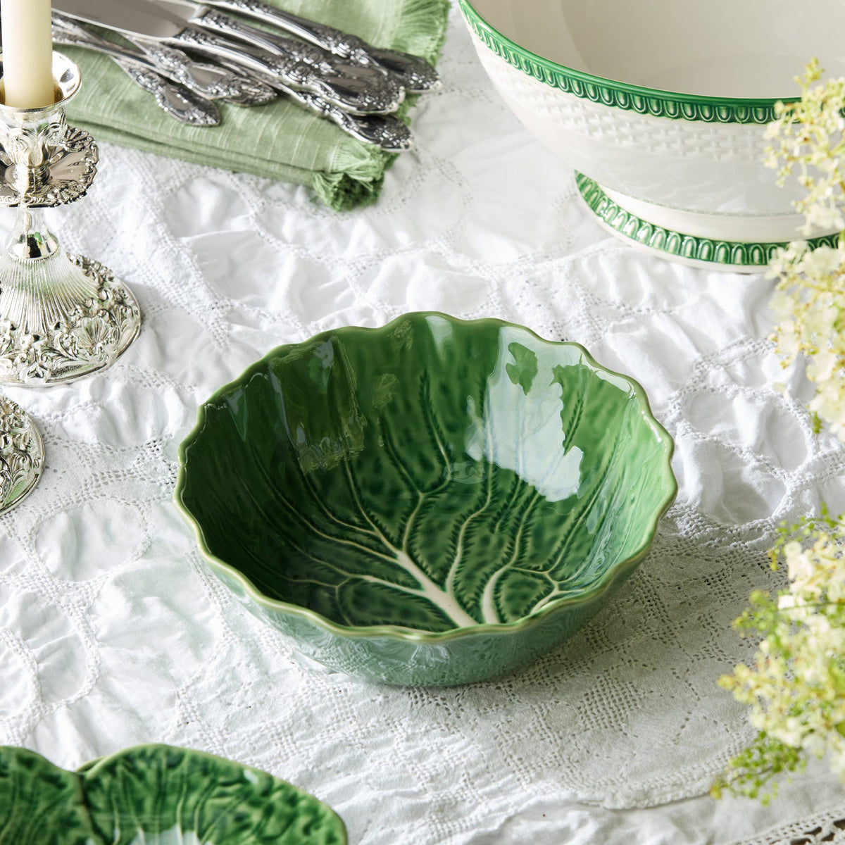 Cabbage Leaf Soup Bowl | Green & White Ceramic |  8.5in x 2.75in | 40 oz