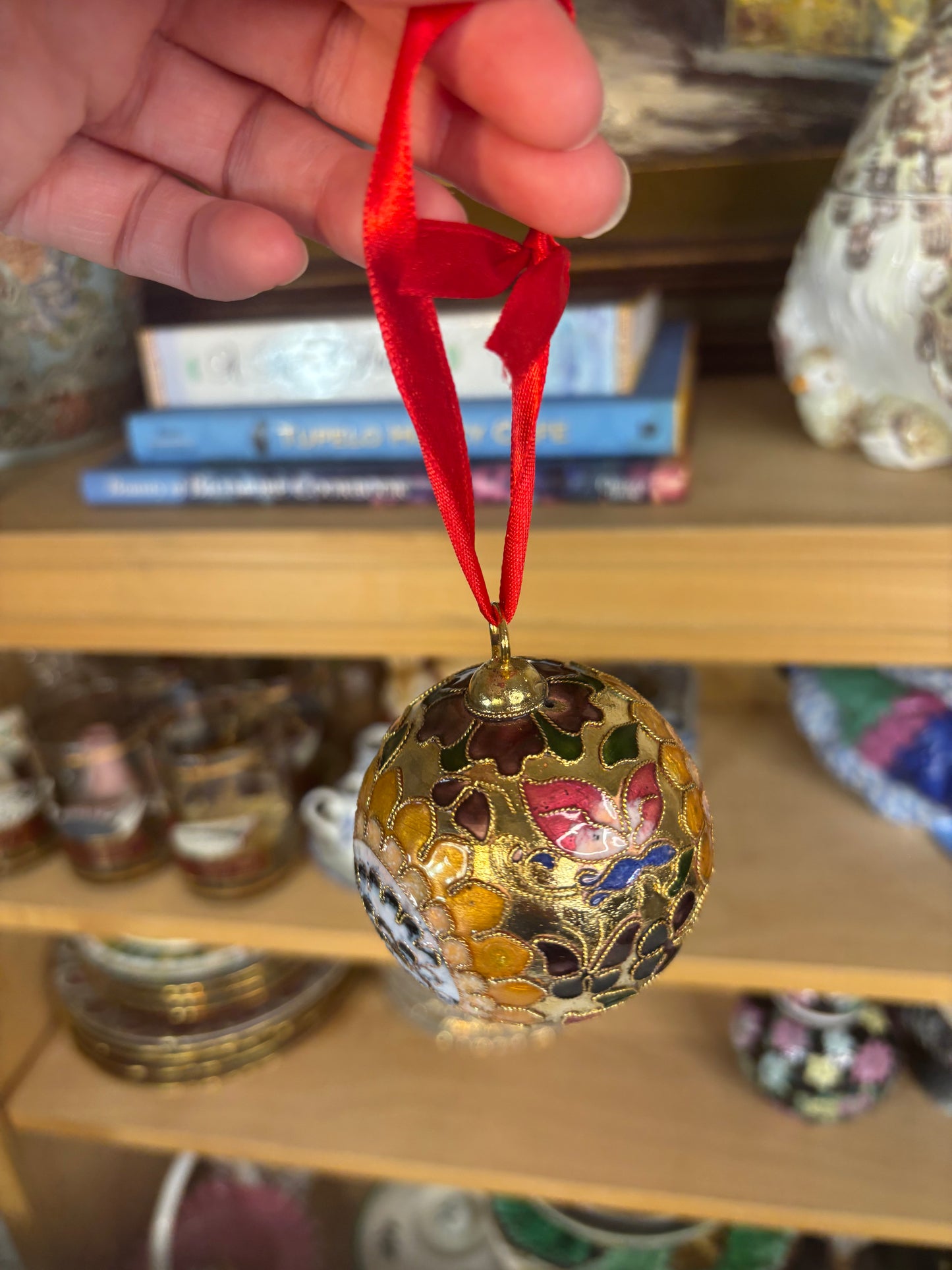 Beautiful sunflower cloisonné ornament with butterflies!