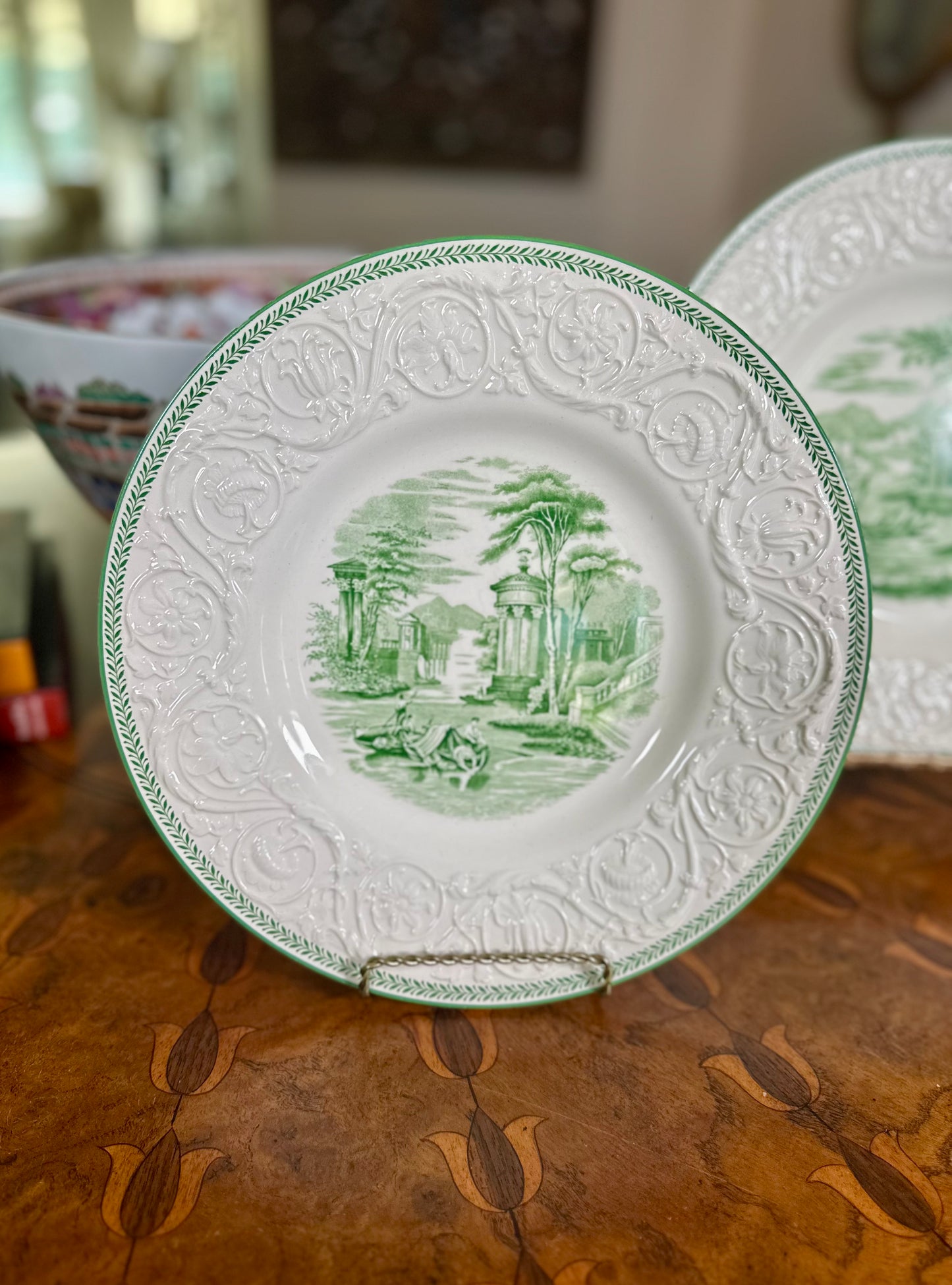 Vintage Wedgwood Torbay Green Transferware Patrician Dinner Plates, Pair | c. 1927-1930’s
