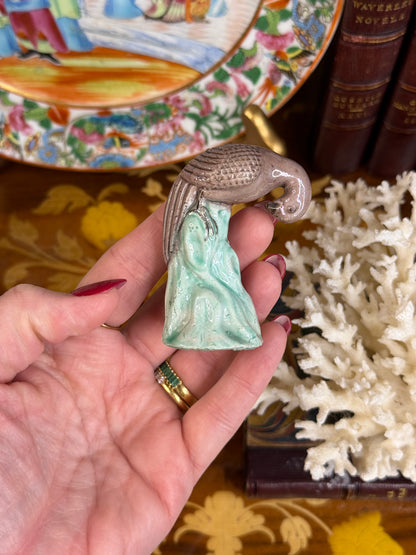Miniature Chinese Porcelain Bird on Celadon Rock | Mid-Century Export Figurine, 2.5” Tall