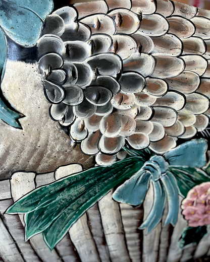Live 08/04 Beautiful Hand Painted Tole Goose Fireplace Screen With Hydrangea - Easel Stand - Dimensional Punchouts