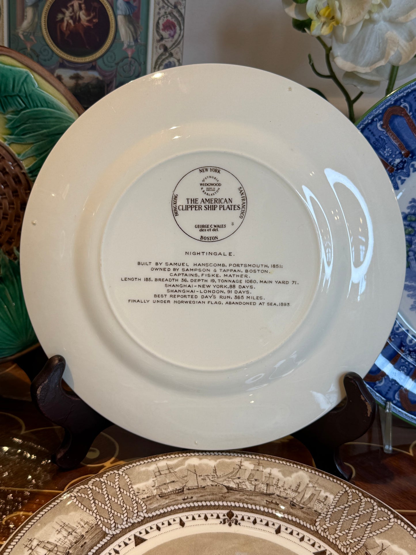 Vintage Set of (5) Wedgwood “The American Clipper Ship Plates” 9” Brown Transferware Nautical Plates – England