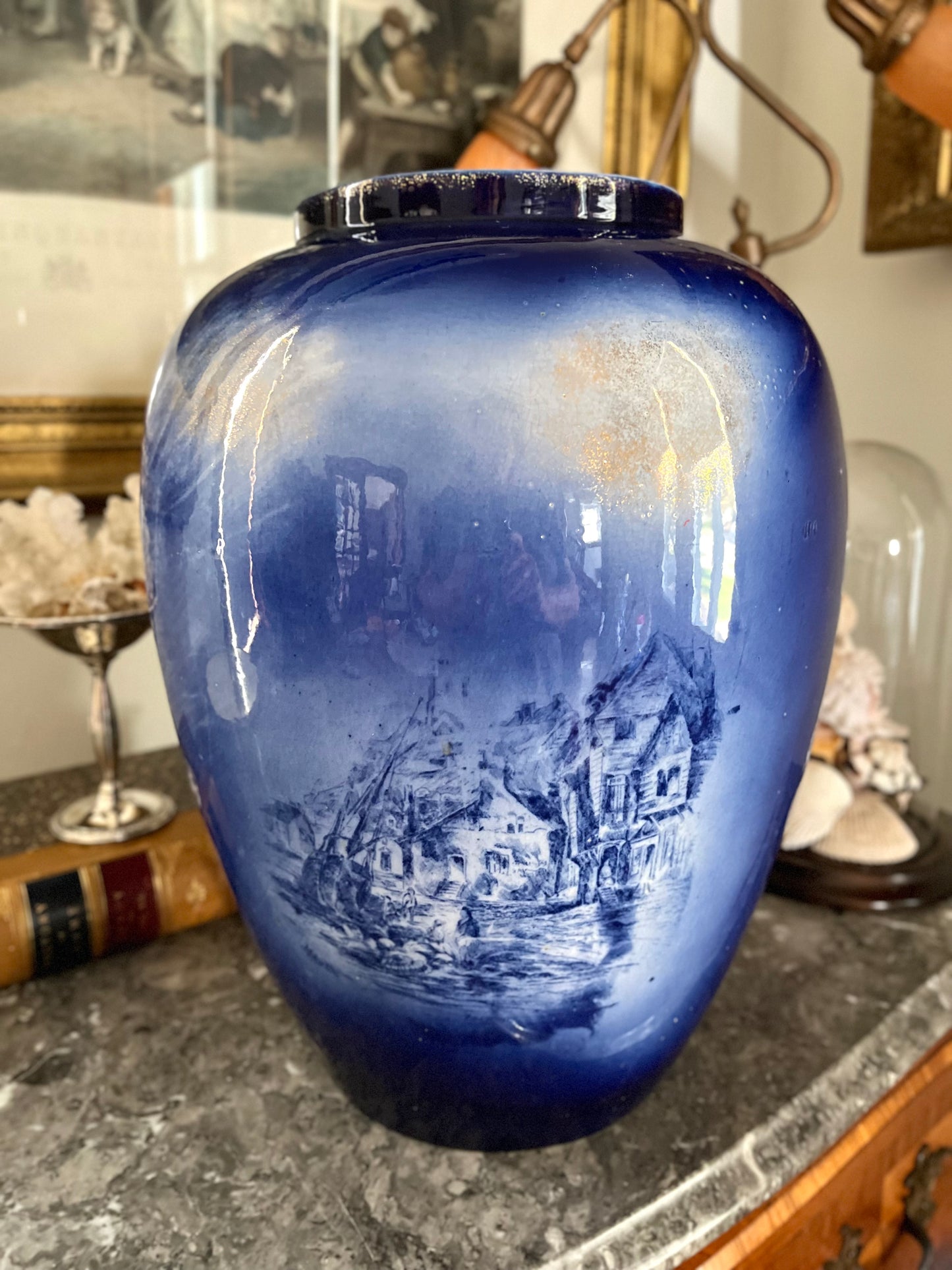 Live 08/28 Rare Antique Doulton Burslem England Extra Large Blue & White Transferware Vase | Late 1800s