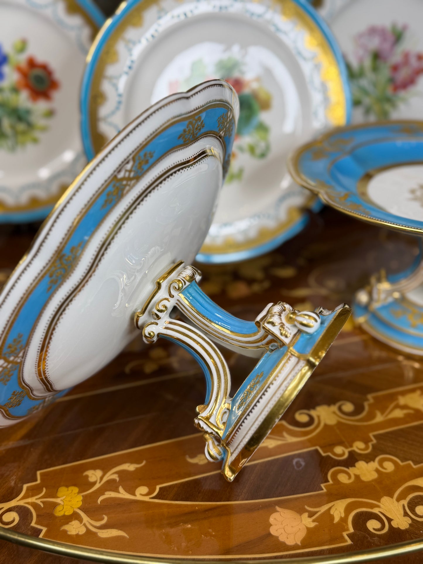 Coalport Raised Gilt Comport, c. 1850 – Turquoise & Gold, 10” Diameter (2 available)