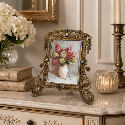 Pink and white hydrangeas original oil painting in antique frame