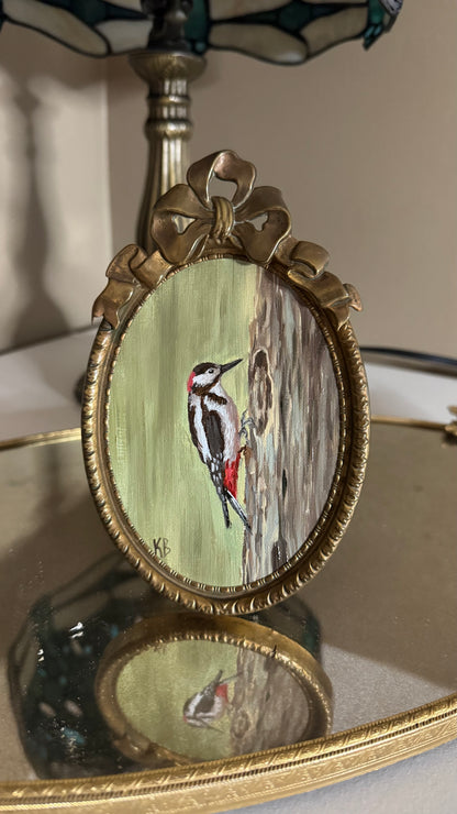 Day 7 Original oil painting of woodpecker in vintage brass frame
