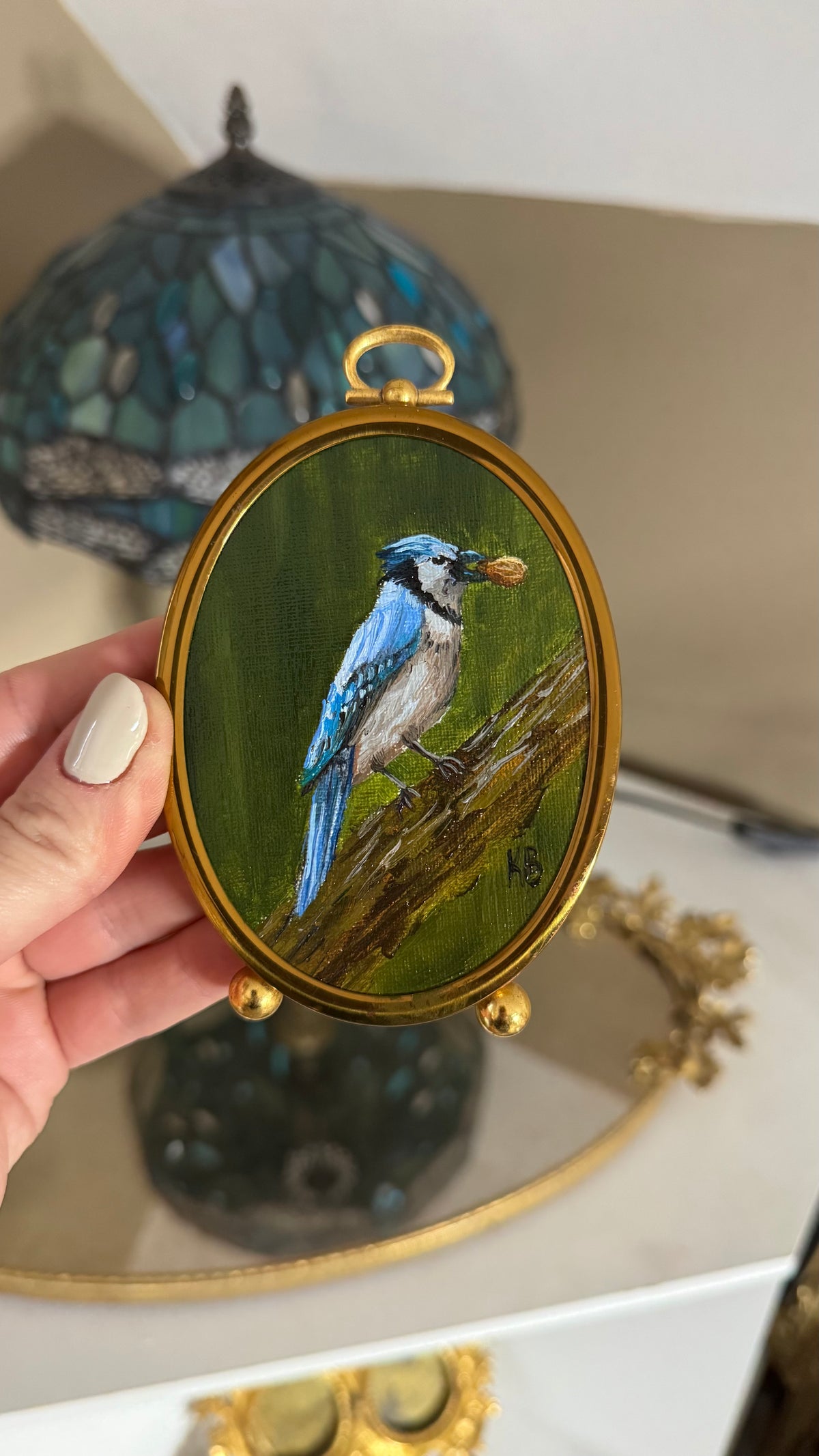 Day 5 challenge blue Jay, original oil painting in vintage brass frame