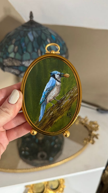 Day 5 challenge blue Jay, original oil painting in vintage brass frame
