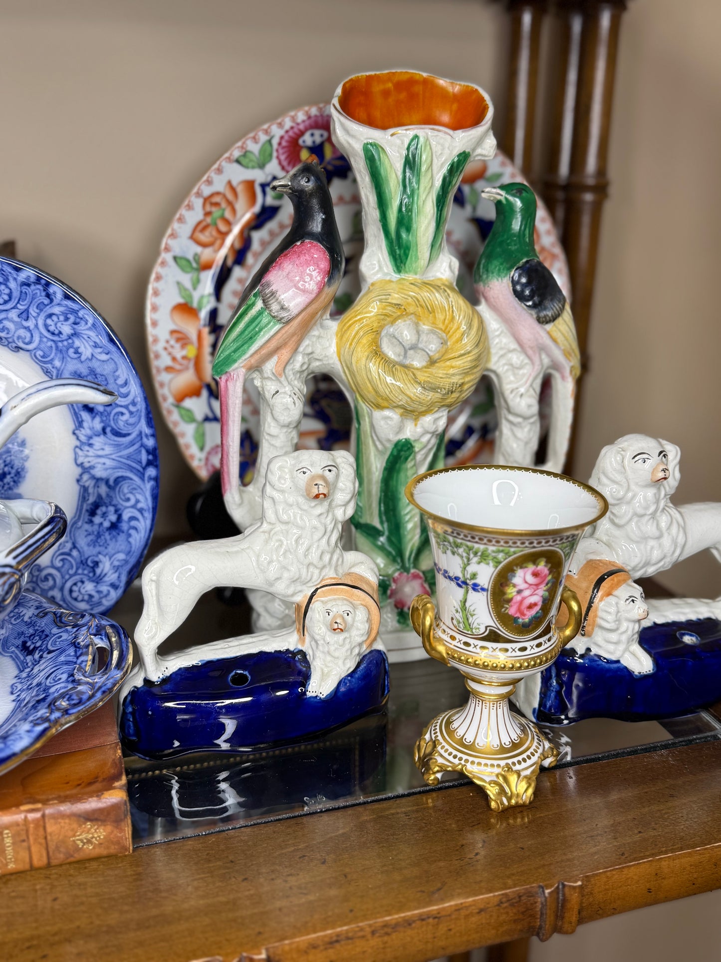 Antique Pair, 19th Century Staffordshire Spaniel Dogs with Puppy in Barrel #DA4422
