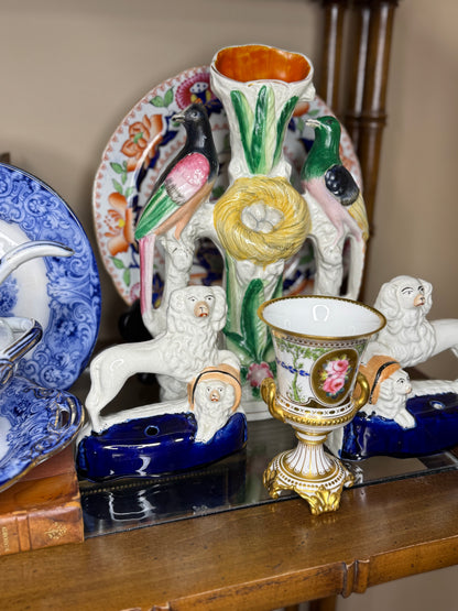 Antique Pair, 19th Century Staffordshire Spaniel Dogs with Puppy in Barrel #DA4422