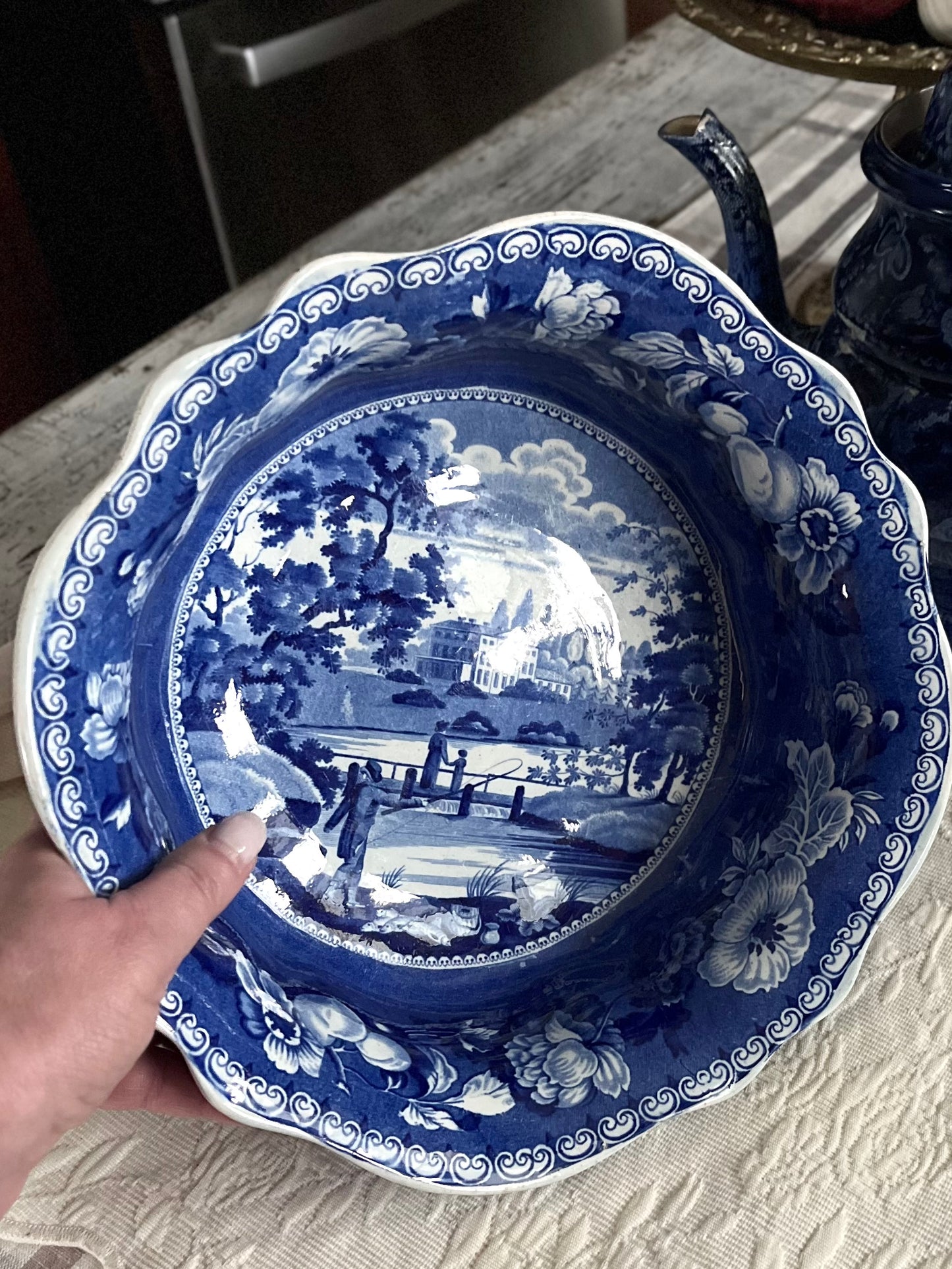 Rare Early 19th C Staffordshire Historical Blue Transferware Footed Bowl - Fruit And Flowers Border Attributed to John Hall
