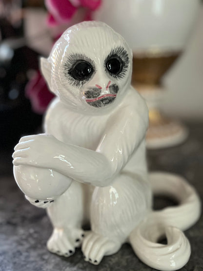 Live 06/29 Signed Italian Capuchin Monkey Ceramic Figurine Holding Orb | Mid-Century Decor