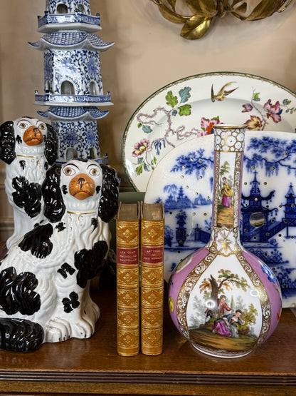 Antique Dresden Hand-Painted Cabinet Vase | Pink Ground & Gilt Porcelain | Romantic Scene | 9” Tall