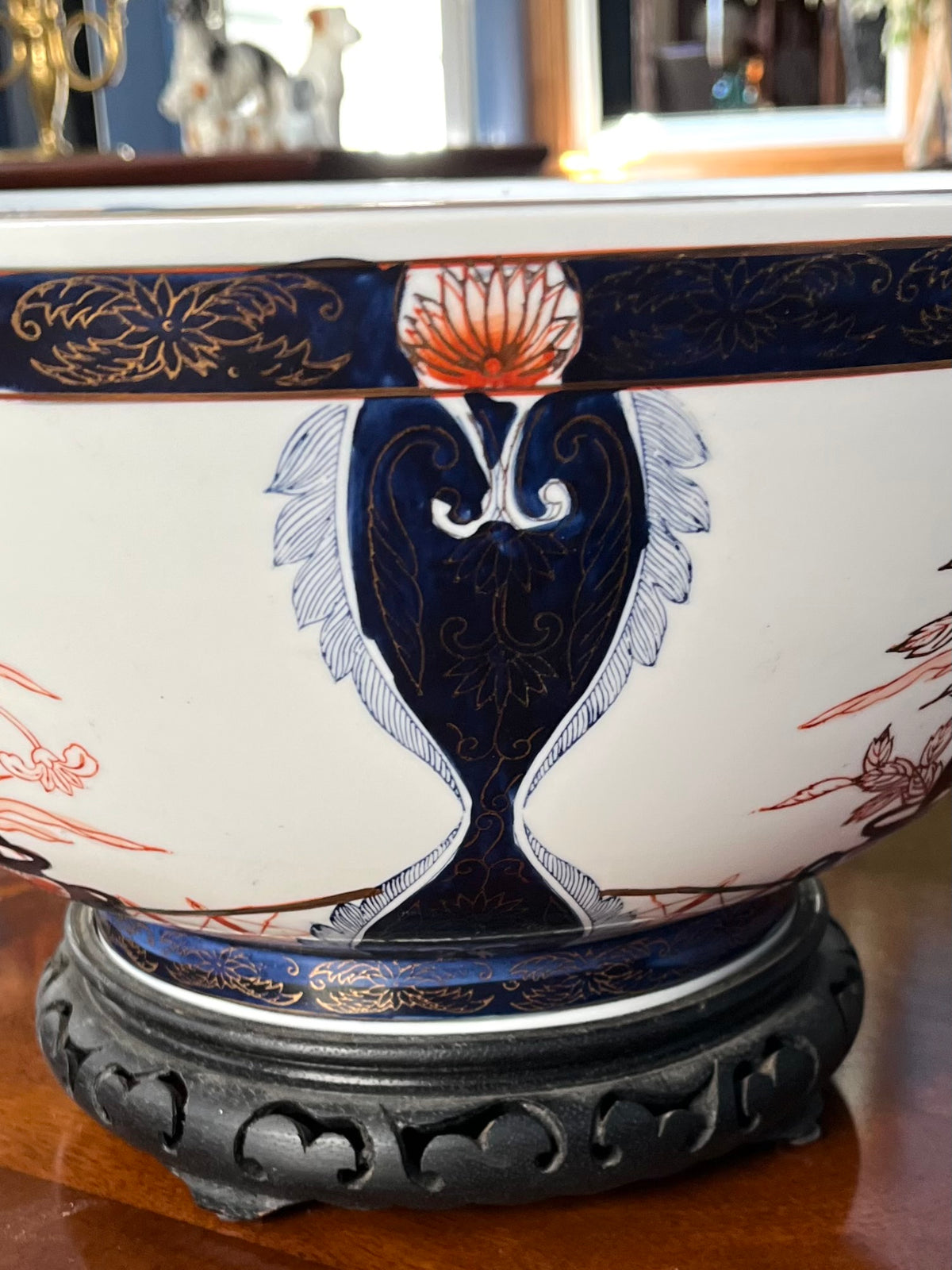 Large Imari Hand Painted Punch Bowl With Ornate Wood Stand