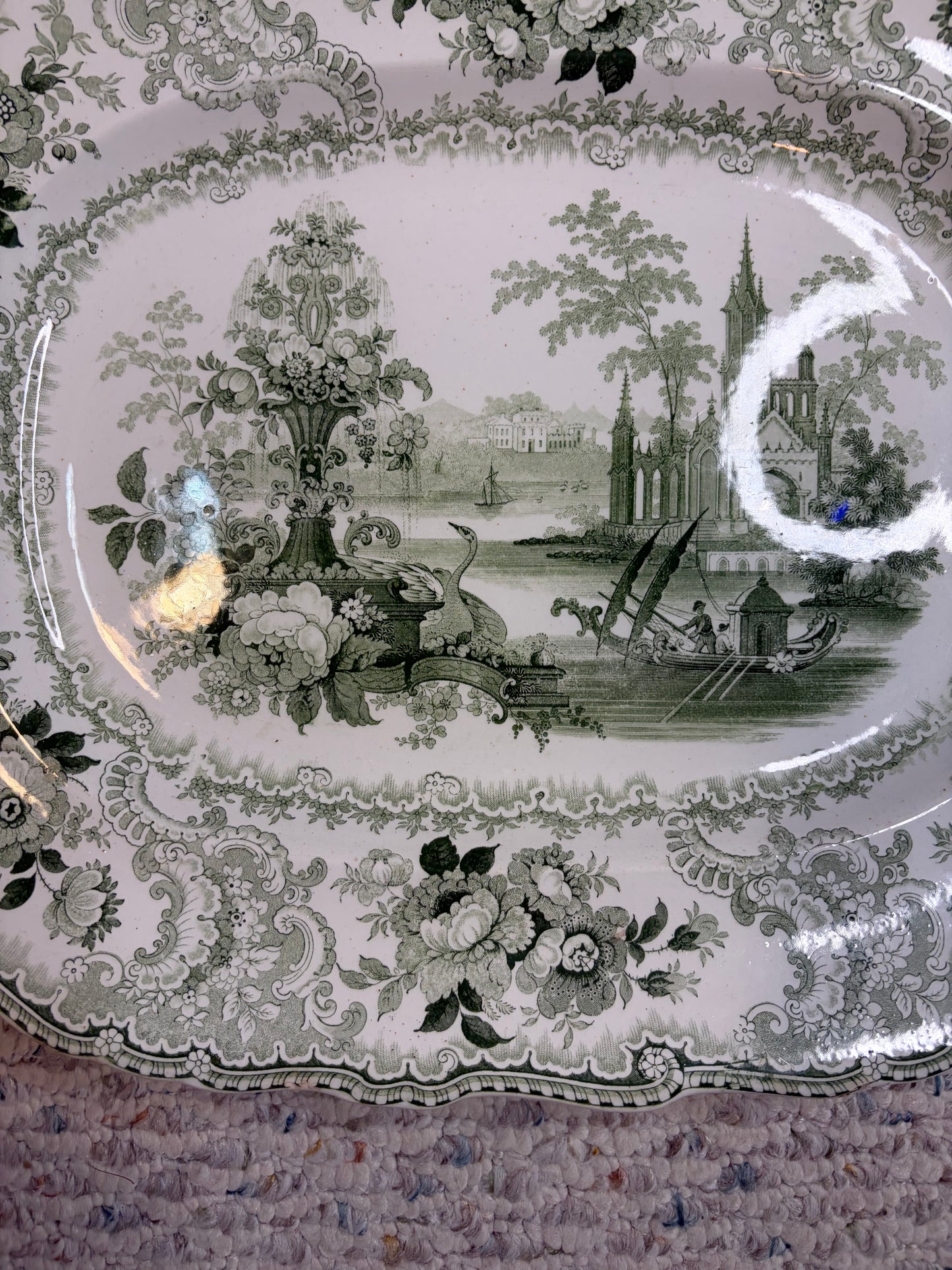 Stunning antique William Adams & Sons "Fountain Scenery" green and white transferware platter with strainer!