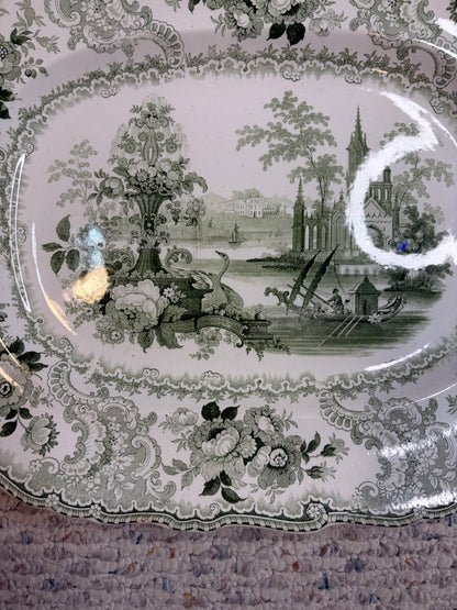 Stunning antique William Adams & Sons "Fountain Scenery" green and white transferware platter with strainer!