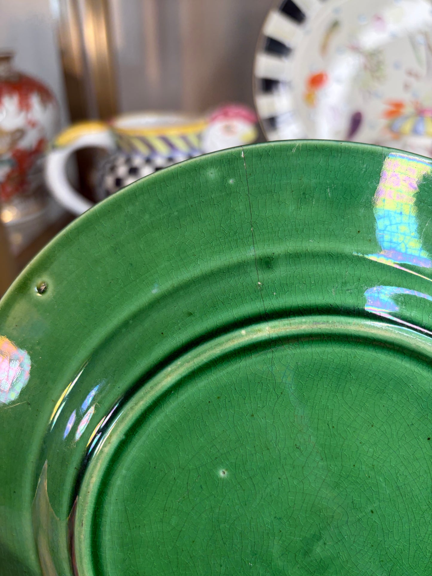 Lovely majolica green plate with Greek key border! As is!