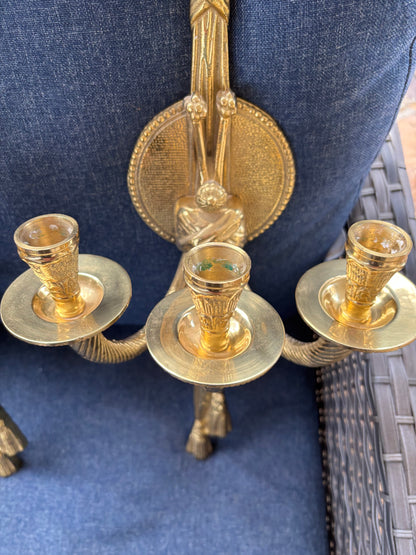 Gorgeous brass wall 25” candleholder sconces with floral and tassel details pair!