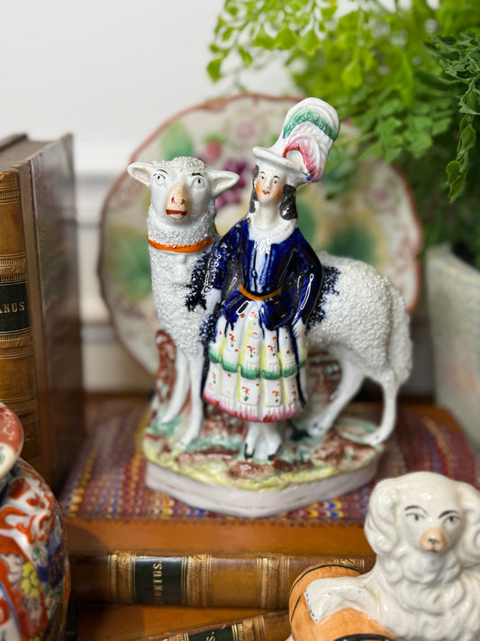 Antique Staffordshire Sanded Lamb & Shepherdess Figure | Pearlware Style Figurine | 8.5” Tall #DA4253