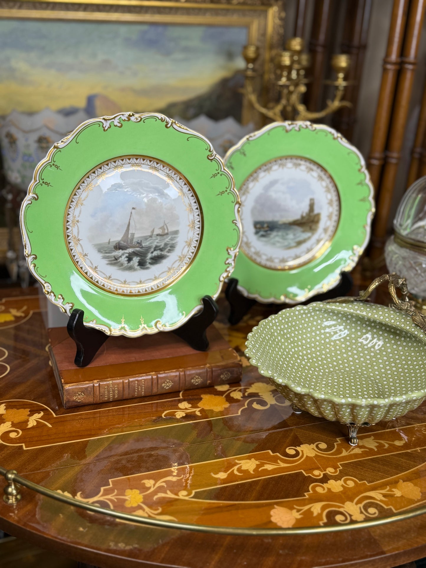 Pair of Ridgway Seascape Plates, c. 1870 | Green-Ground with Gilt, 9” Diameter