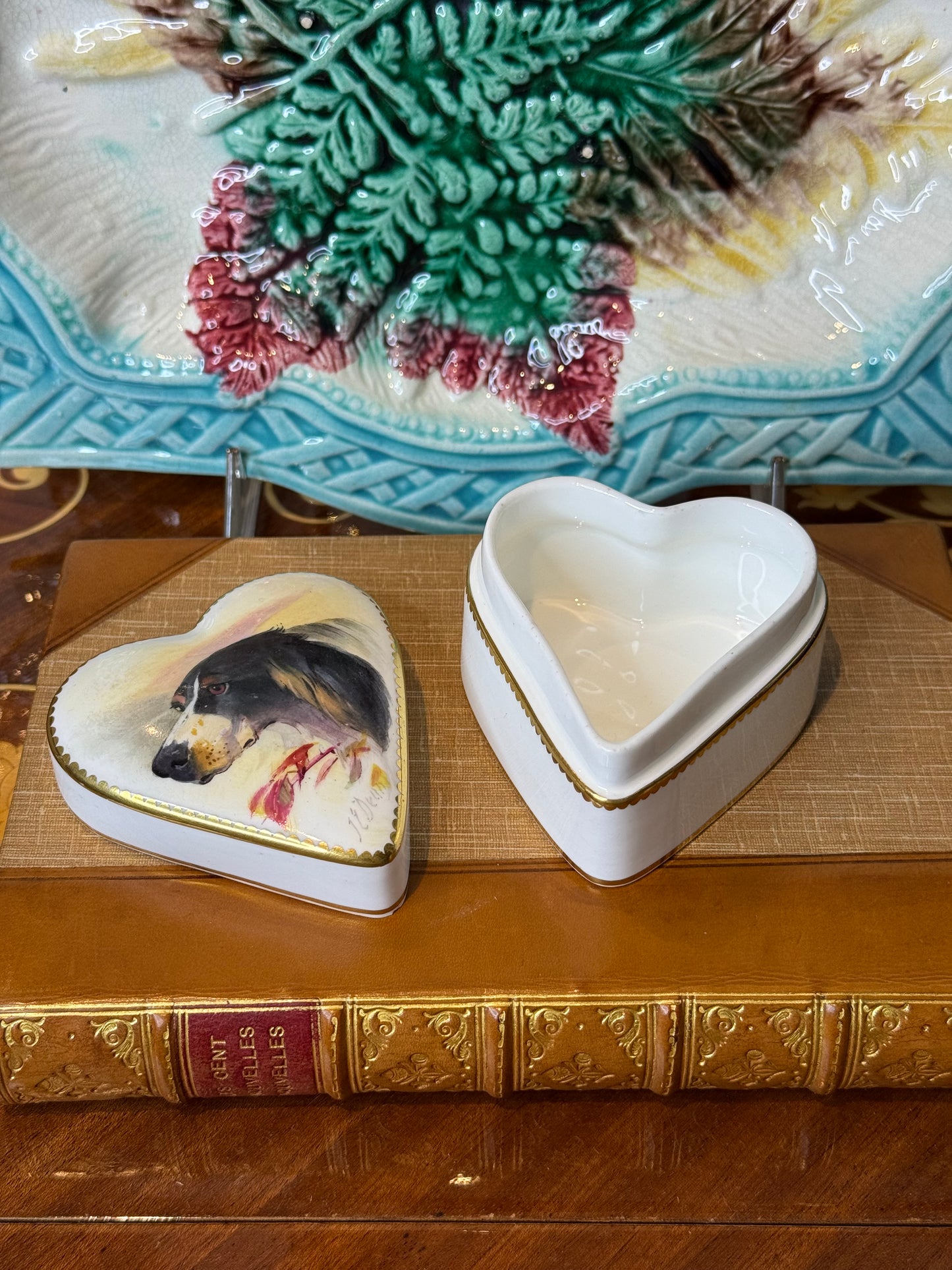 Antique Minton Heart-Shaped Trinket Box | Hand-Painted Borzoi Sporting Dog Portrait by J.E. Dean | c.1920 | #DA2462