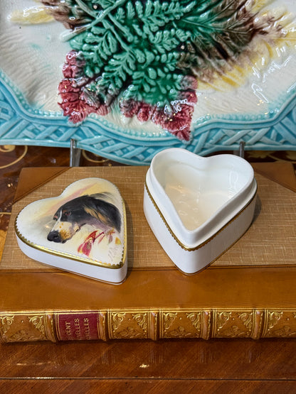 Antique Minton Heart-Shaped Trinket Box | Hand-Painted Borzoi Sporting Dog Portrait by J.E. Dean | c.1920 | #DA2462