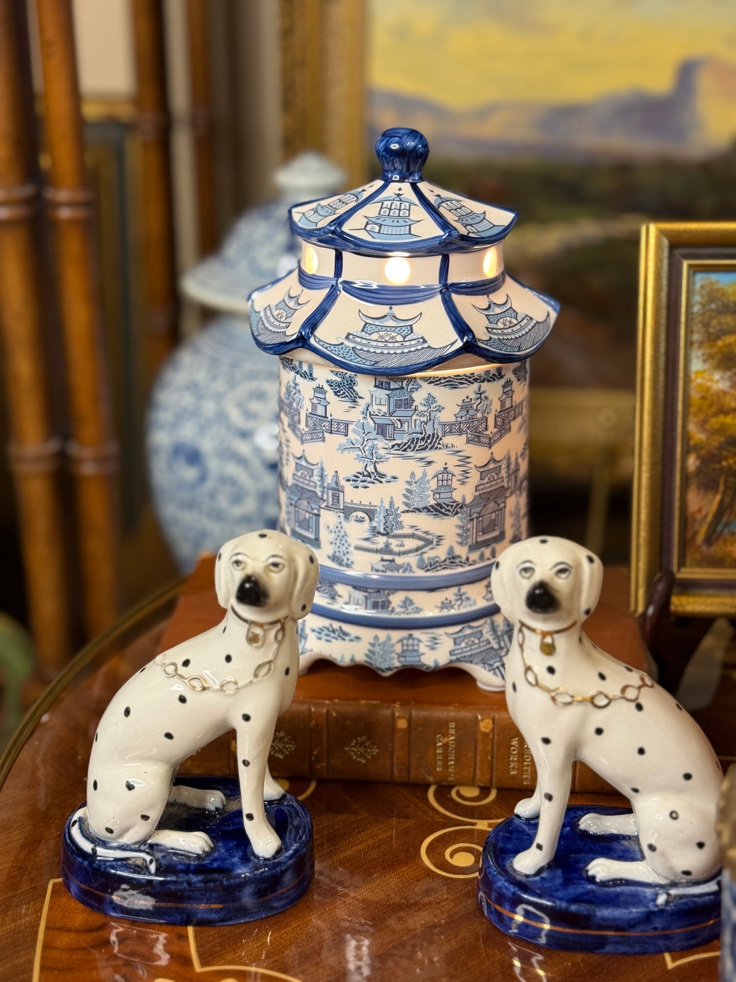 Danny’s Fine Porcelain: Blue & White Pagoda Lidded Lamp: 4.5L X 4.5W X 8H