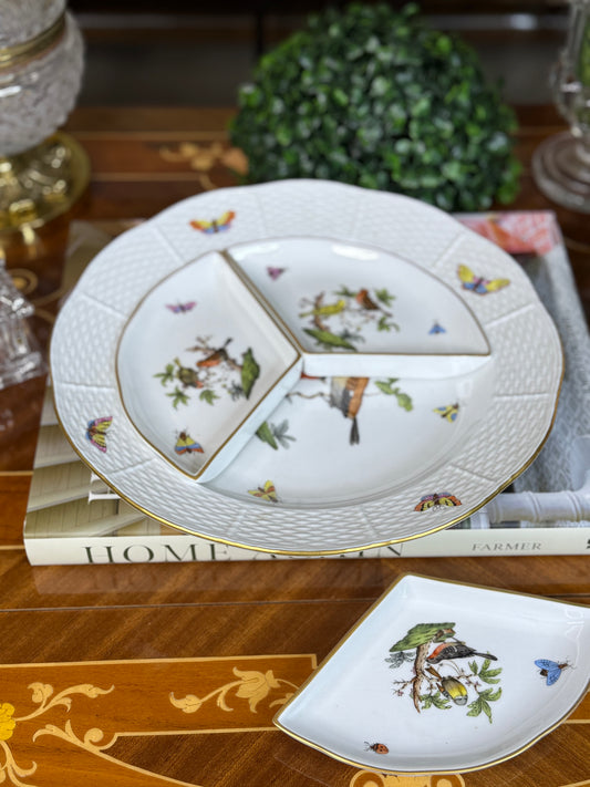 Herend Hungary Rothschild Hand-Painted Birds & Butterflies Divided Serving Platter with 3 Inserts | 10”