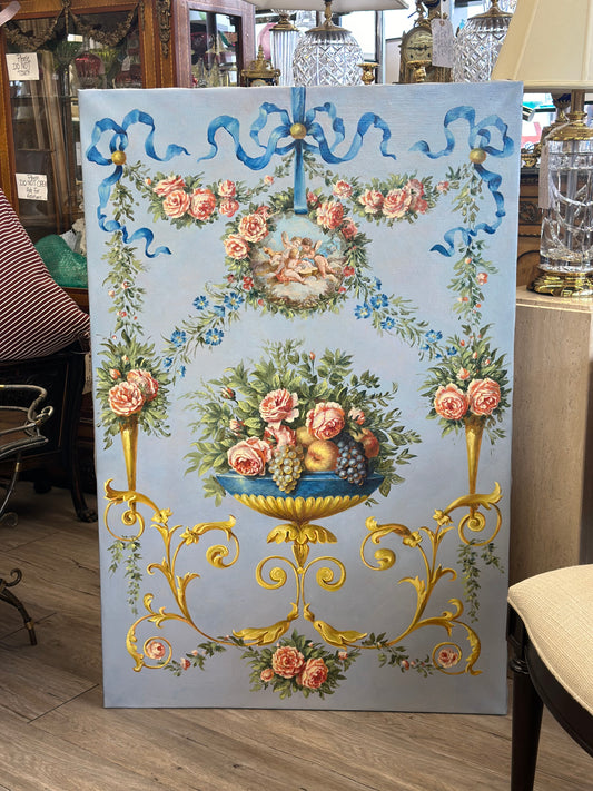 Monumental French Oil on Canvas Panel with Cherubs & Floral Swags | Paris Auction Find | 32” x 47”