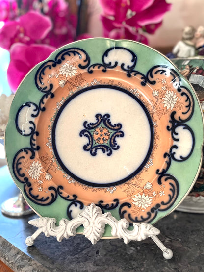 Live 08/11 English Aesthetic Movement Flow Blue Transferware Cabinet Plate, Mint Green & Sepia Chrysanthemum, c. 1875-1883 10 1/2”
