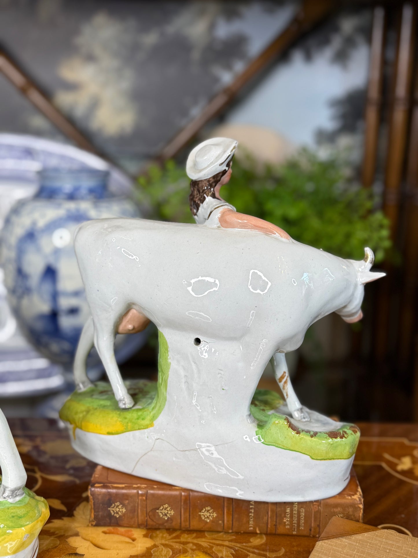 Antique Staffordshire Cow & Milkmaid Flatback Figures | Right & Left Pair | Victorian England | c.1860