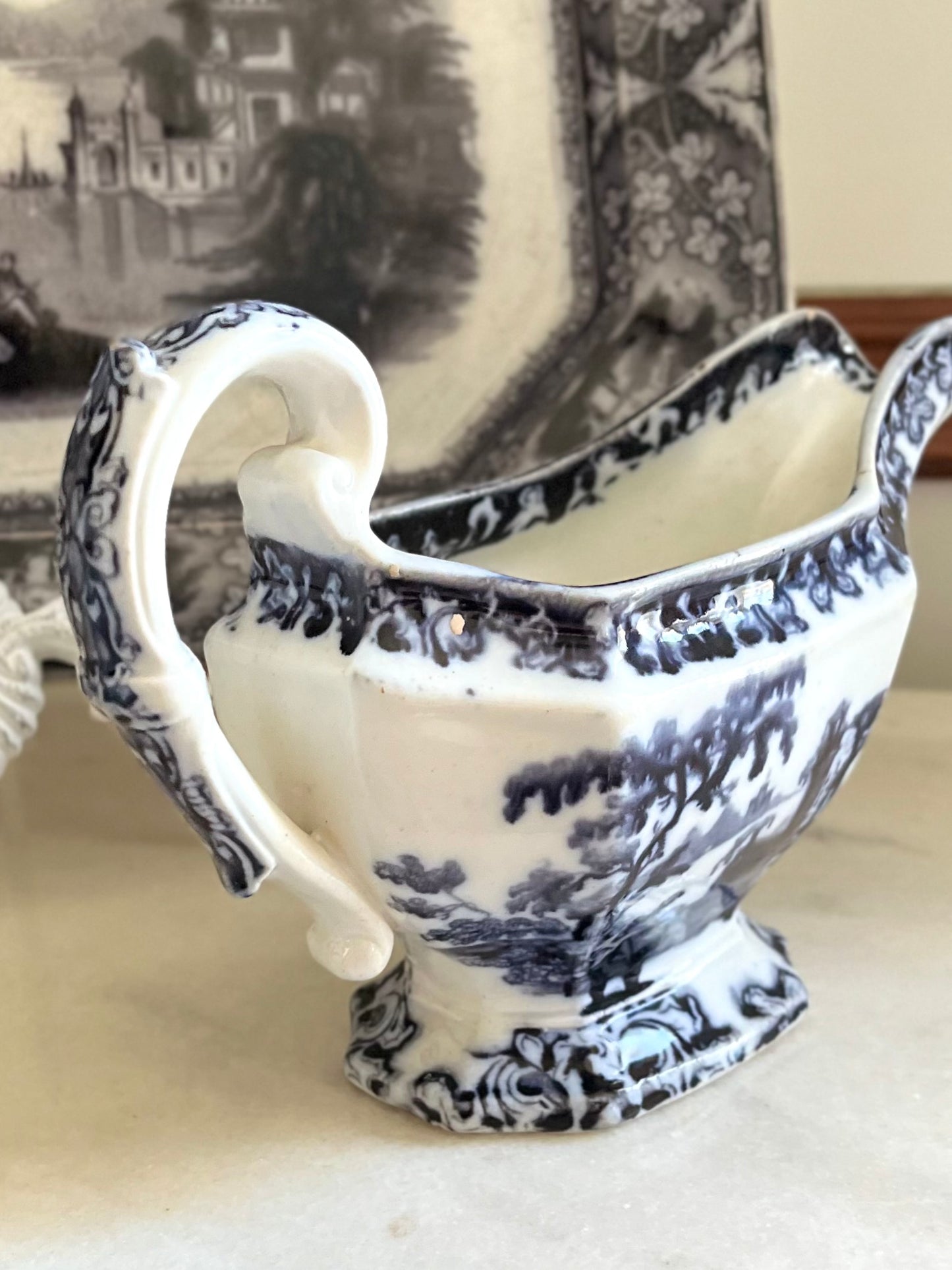 Reserved Live 03/24 Romantic “Athens” Mulberry Transferware Gravy Boat by Charles Meigh – Early Victorian Stoke-on-Trent c.1840s Classical Ruins