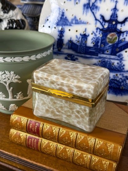 Vintage Murano Art Glass Casket Box | Aventurine & White Mottled Glass | Brass Mounted Trinket Box | 5” x 4” x 3”