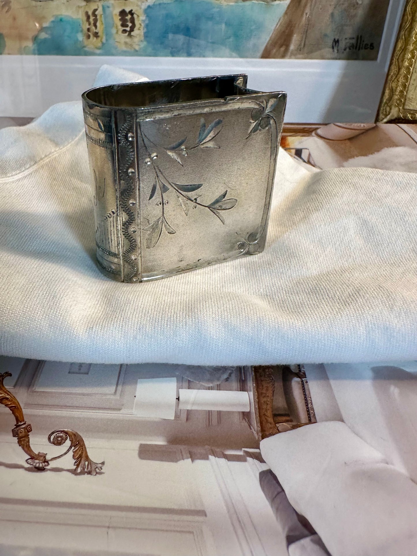 Vintage Silver Plated Figural Book-Shaped Napkin Ring Monogrammed “Jack”, 2”