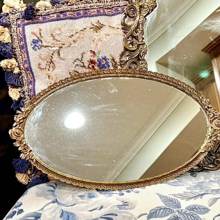 Gorgeous brass ormolu floral reticulated brass mirrored tray