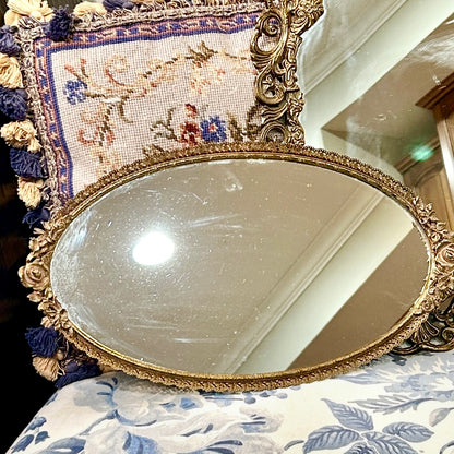 Gorgeous brass ormolu floral reticulated brass mirrored tray