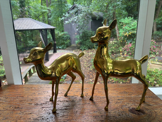 Beautiful large brass deer pair measuring 12.5” and 9.5” tall!