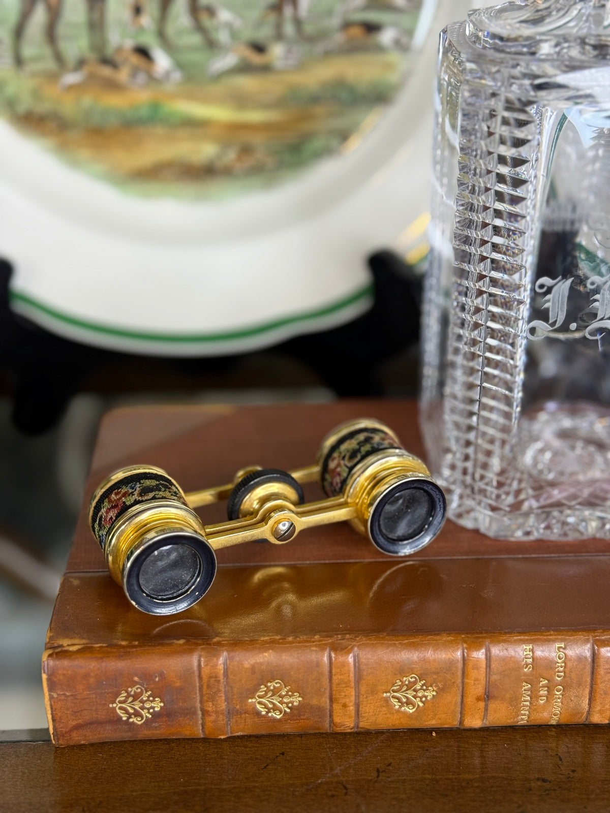 RESERVED - MOLLIE- Vintage French Petit-Point Opera Glasses, Floral Needlepoint & Gilt Metal Theater Binoculars, c.1930–1950, 3.5” W x 1.25” H